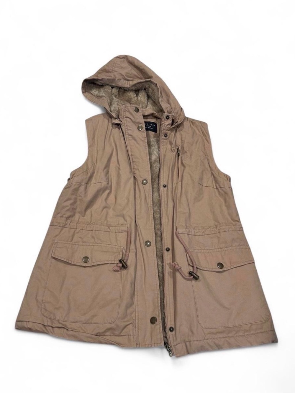 Love Tree Women’s Tan Hooded Faux Fur Lined Utility Vest – Size Medium